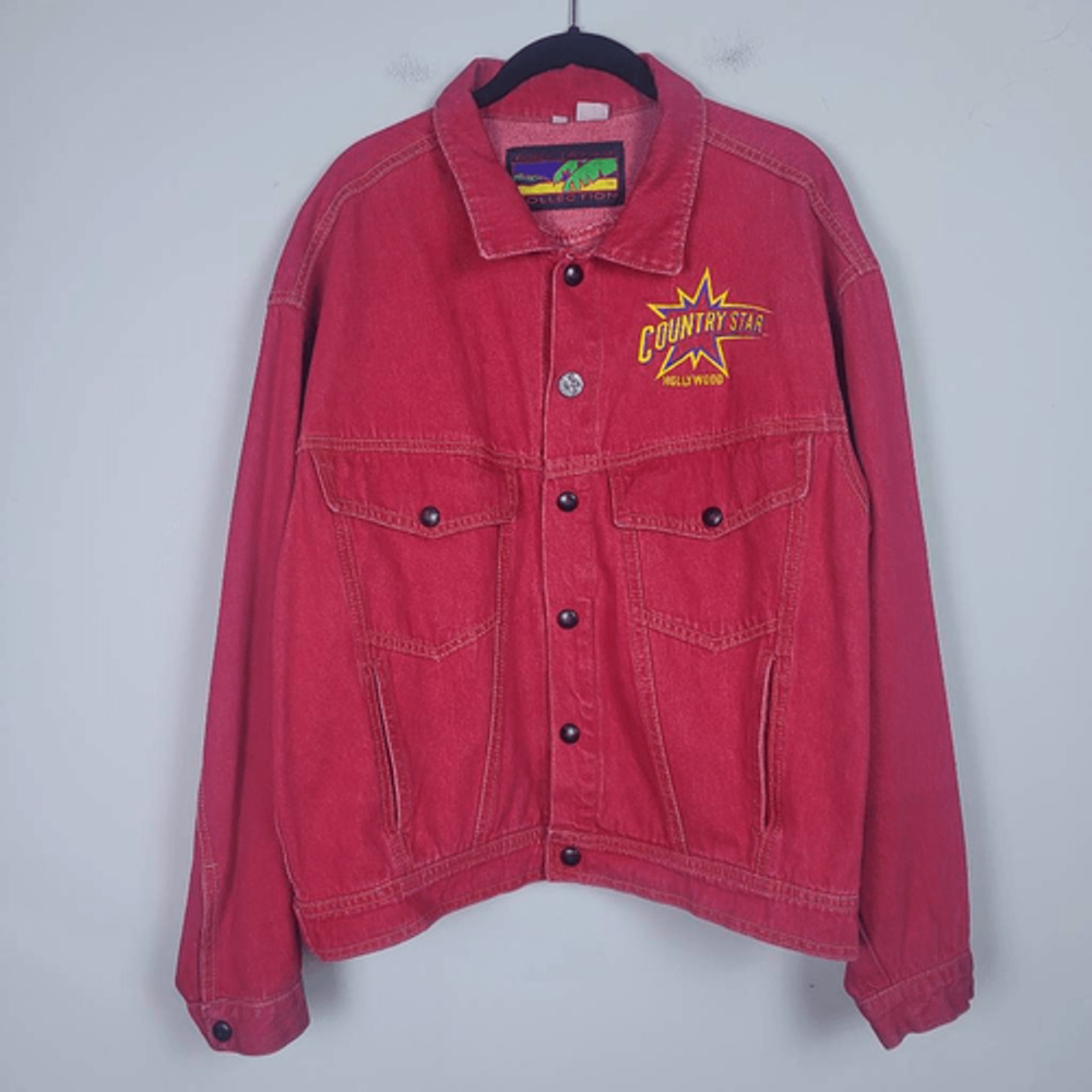 VTG Tony Nowak Country Star Hollywood Denim Jacket Red Medium Embroidered Retro